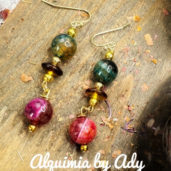 Agate and Amber gold statement earrings - Picture 1 of 7